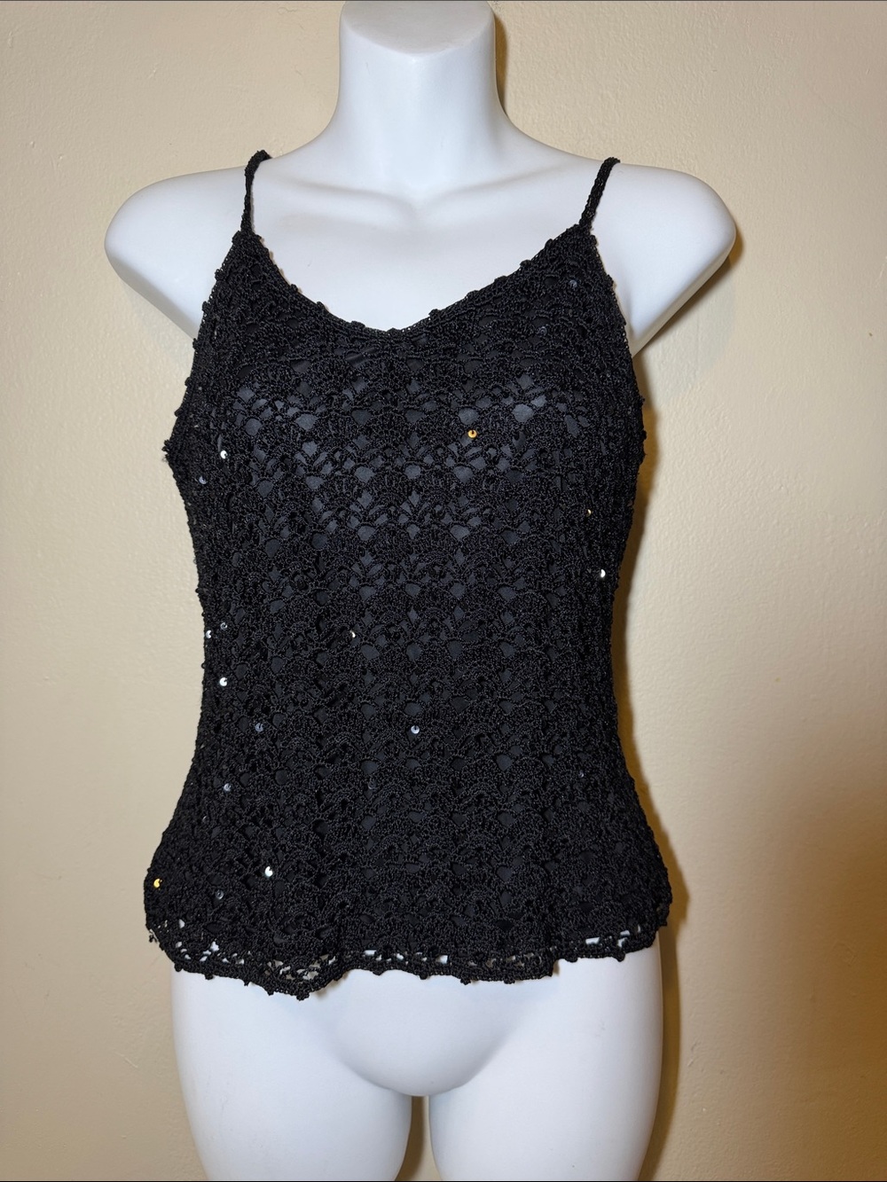 Black Crochet Sequin Camisole Tank - Women